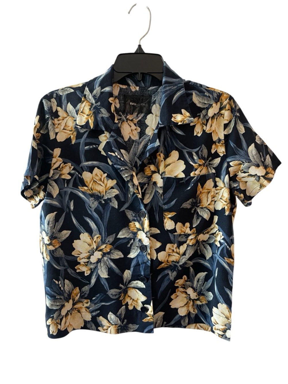 Reformation Floral Button Up Blouse Medium Navy Blue Romantic Cottagecore Top